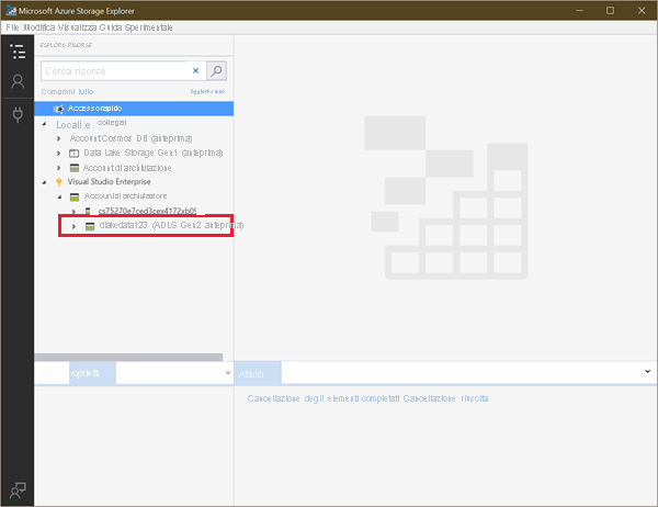 Screenshot che illustra le aree di archiviazione disponibili in Storage Explorer.