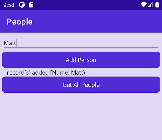 Screenshot dell'app con un messaggio di esito positivo che informa che viene aggiunto un record.