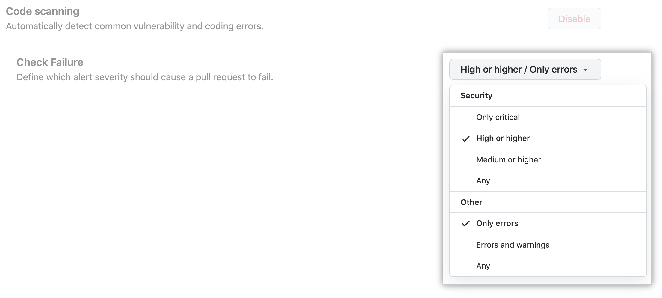 screenshot dell'elenco a discesa relativo al livello di gravità dell'analisi del codice.