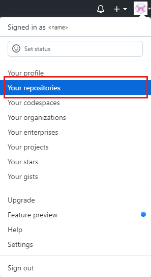 Screenshot che mostra il menu a discesa del profilo e la voce Your repositories.