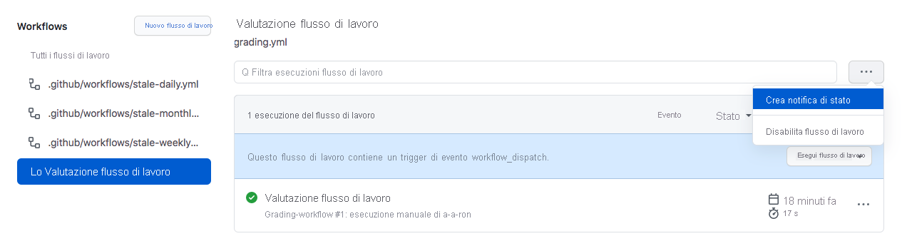 Screenshot che mostra l'opzione per creare una notifica di stato dalla sezione flussi di lavoro in GitHub.