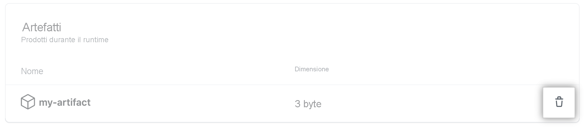 Screenshot che mostra l'icona del cestino per eliminare un artefatto in GitHub.