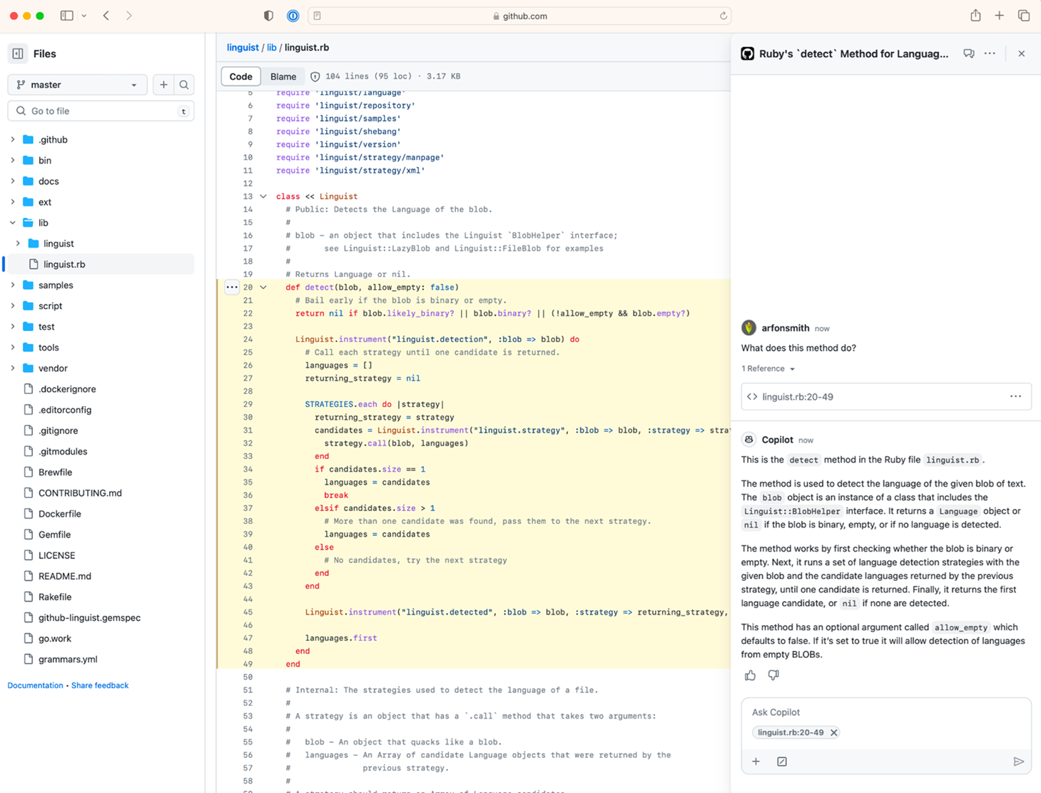 Screenshot dell'operazione di revisione del codice con GitHub Copilot Enterprise.