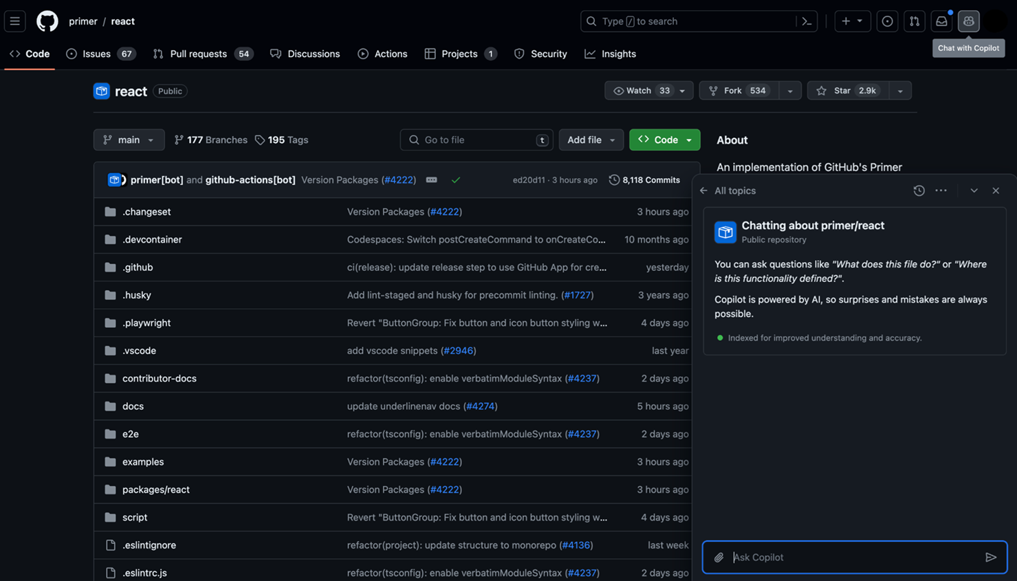 Screenshot della finestra di chat di GitHub Copilot.