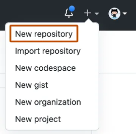 Screenshot del menu a discesa del segno più nell'angolo superiore destro di GitHub.com, con la prima opzione Nuovo repository.