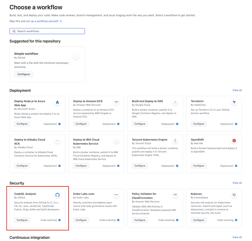 Screenshot che mostra la configurazione codeQL correlata alla gestione dei segreti crittografati.
