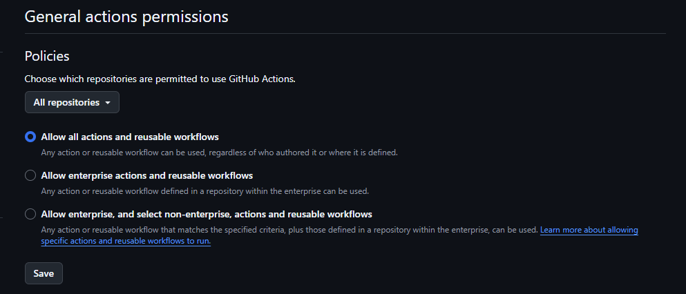 Screenshot della schermata delle autorizzazioni per le azioni genrali con le opzioni predefinite selezionate