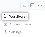 Screenshot del menu Workflows (Flussi lavoro) in Projects che contiene le opzioni Workflows (Flussi di lavoro), Archived items (Elementi archiviati) e Settings (Impostazioni) con l'opzione Workflows evidenziata.