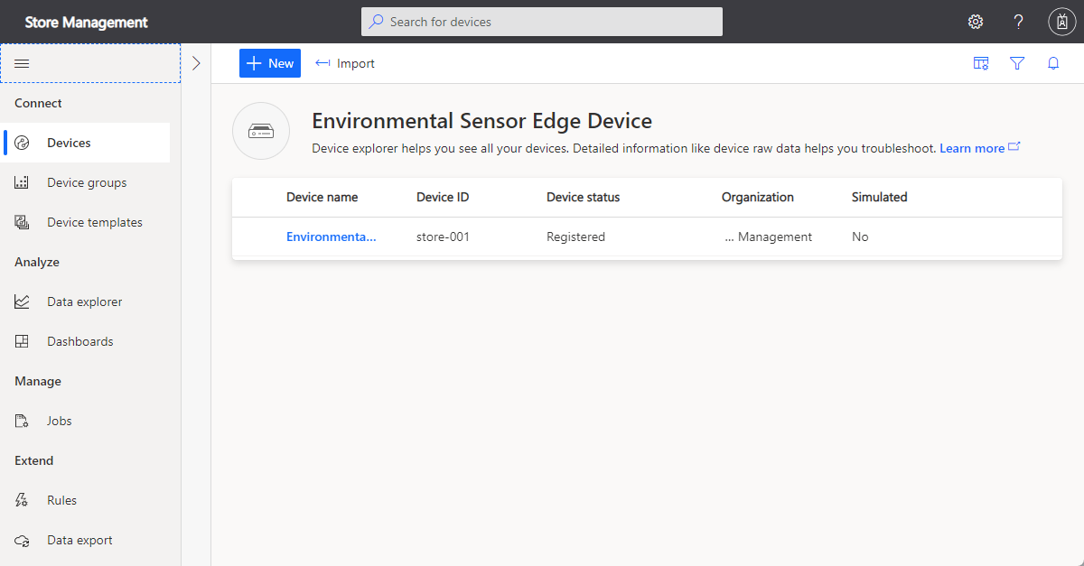 Screenshot that shows the registered device in the device list.