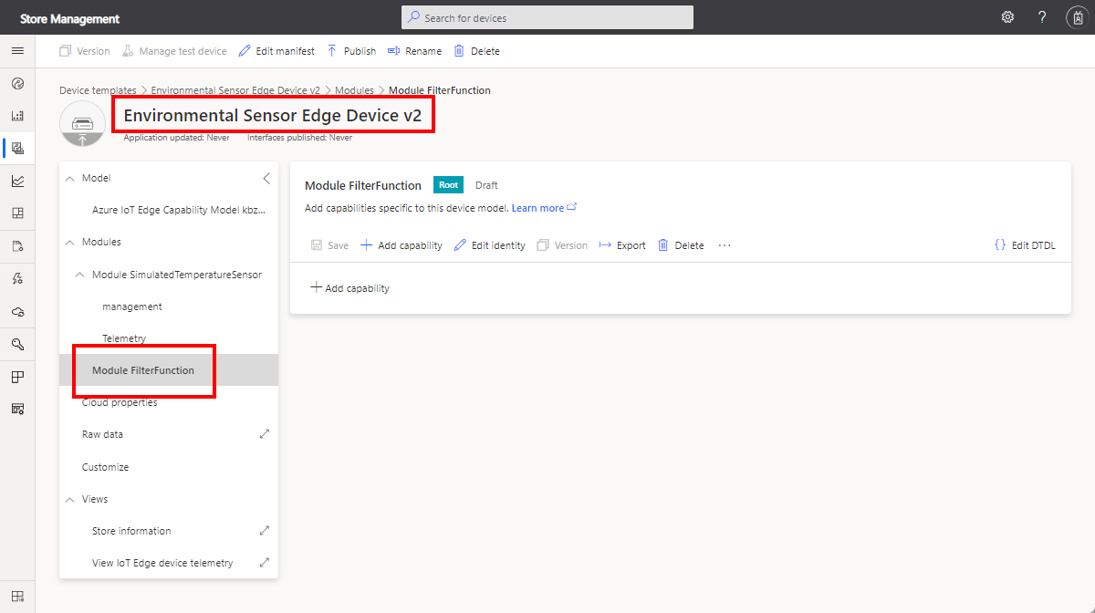 Screenshot that shows the FilterFunction module added to the device template.