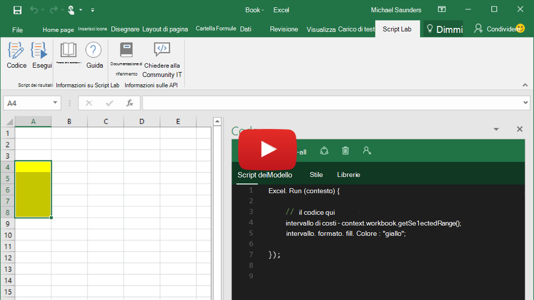 Video di anteprima che mostra Script Lab in esecuzione in Excel, Word e PowerPoint.