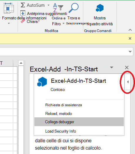 Screenshot del Menu Personalità che mostra l'elemento **Collega debugger** in Excel su Windows..