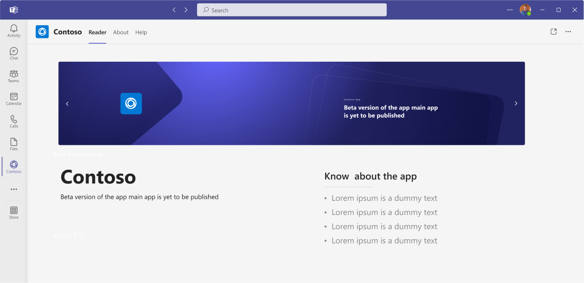 Screenshot che mostra un'app Contoso demo.