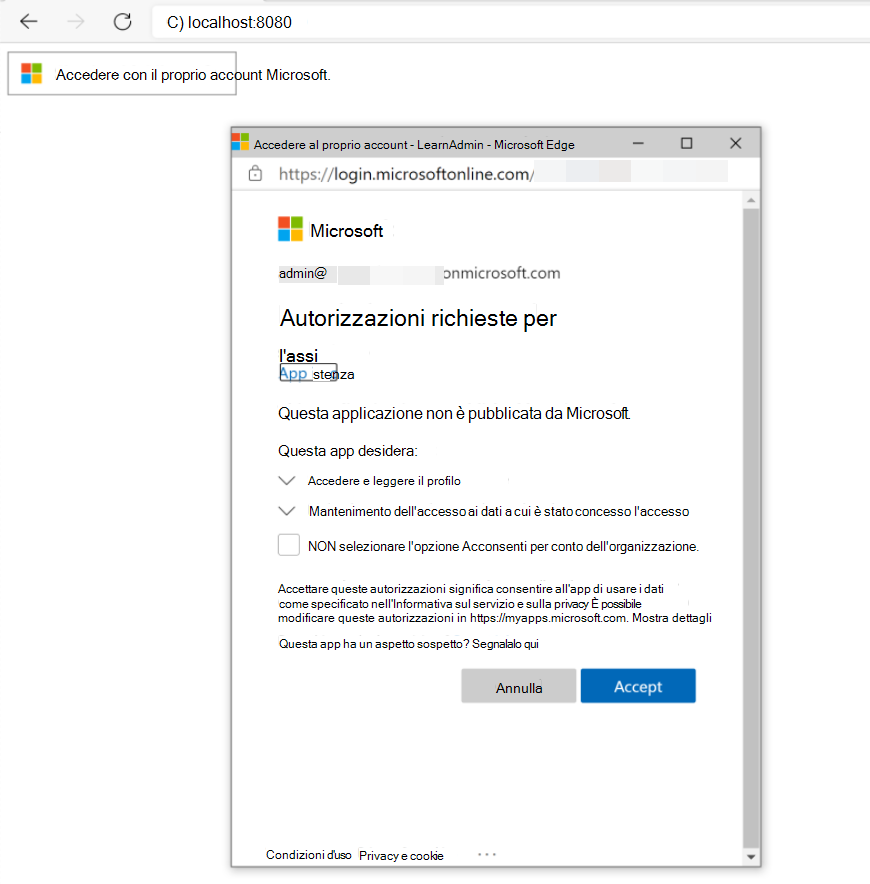 Screenshot della pagina del consenso.