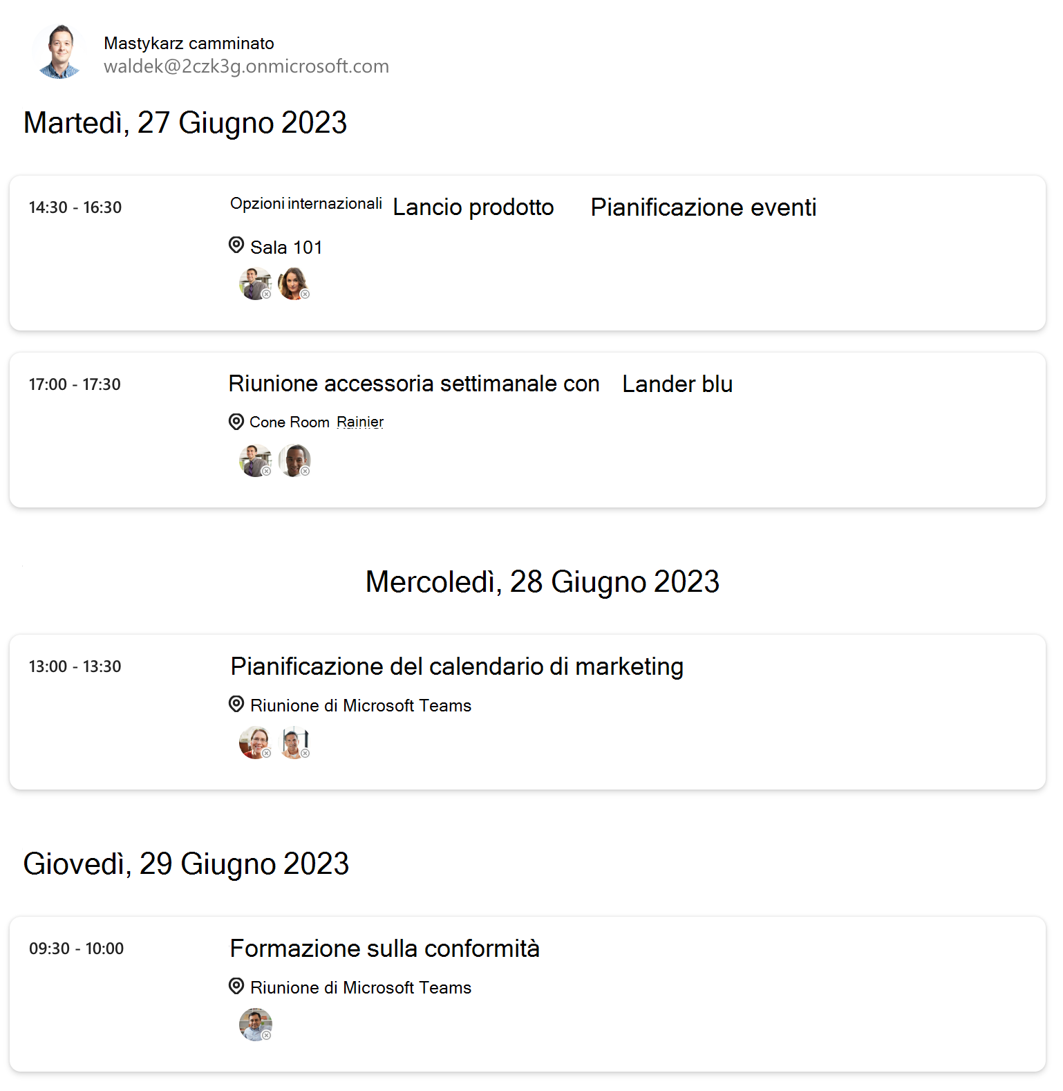 Comportamento del componente Agenda di Microsoft Graph Toolkit con gli attributi.