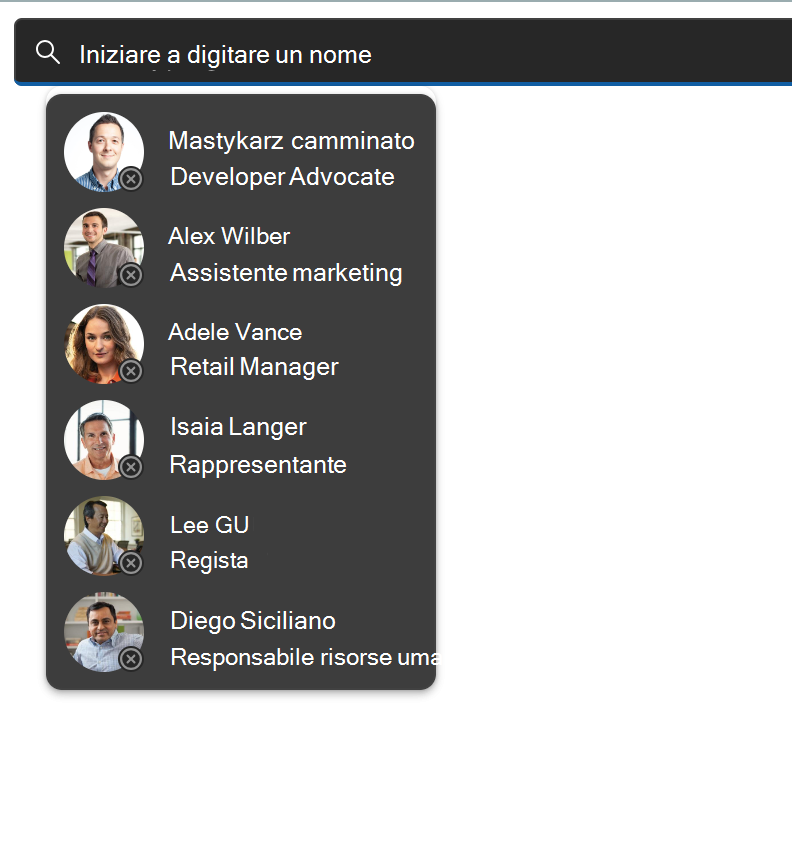 Screenshot del componente Microsoft Graph Toolkit con tema scuro.