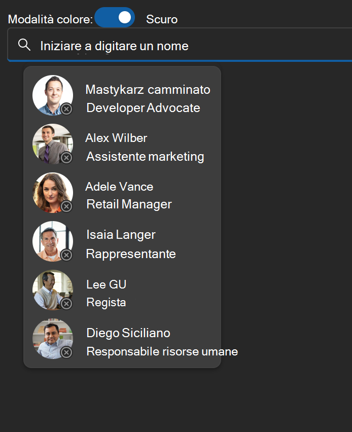 Componenti di Microsoft Graph Toolkit con il tema scuro.