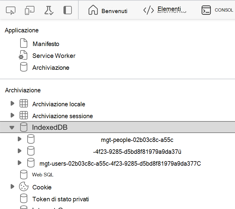 Screenshot della sezione IndexedDB con i dati evidenziati negli strumenti di sviluppo del browser.