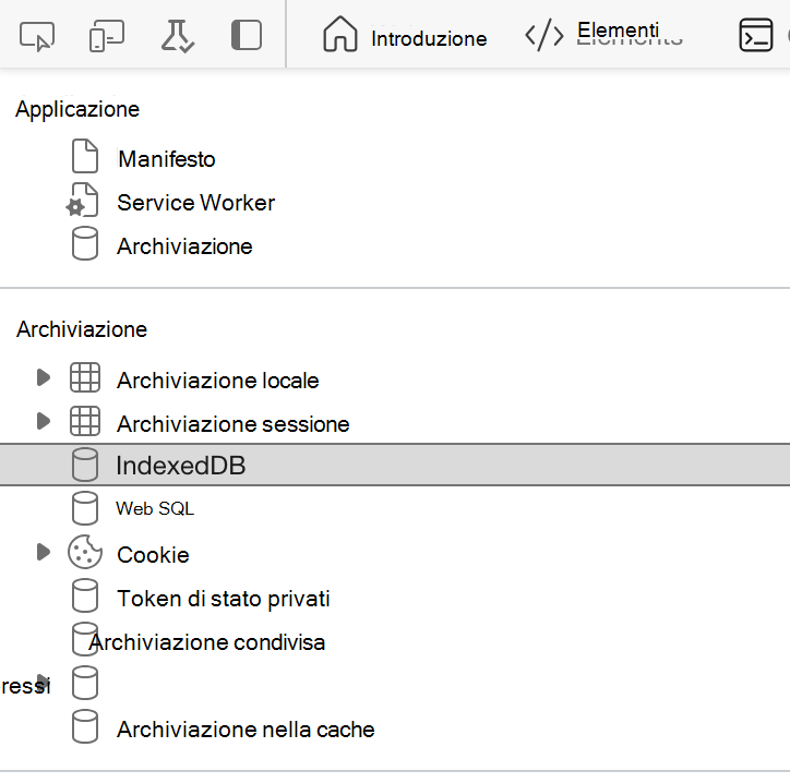 Screenshot della sezione IndexedDB senza alcun dato evidenziato negli strumenti di sviluppo del browser.
