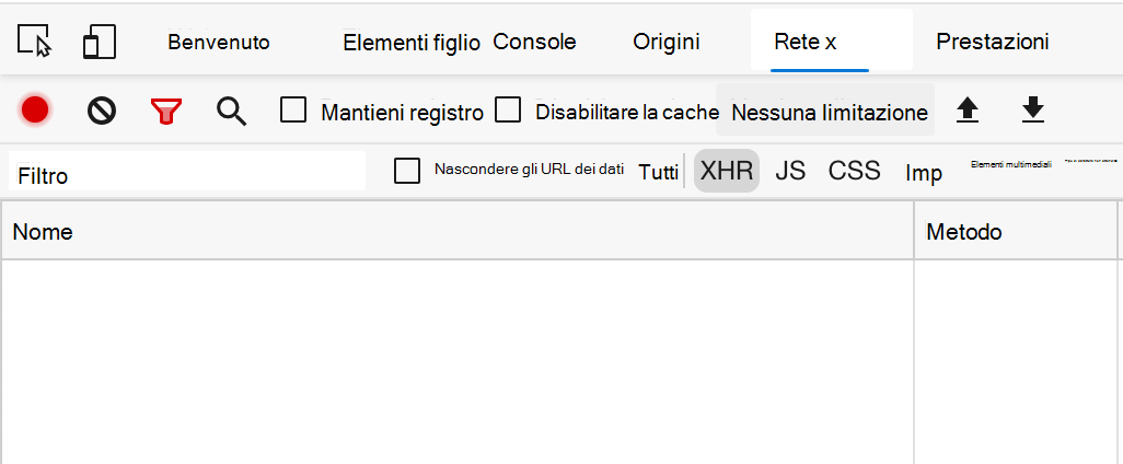 Screenshot che mostra la scheda Rete senza alcuna richiesta aperta negli strumenti di sviluppo del browser.