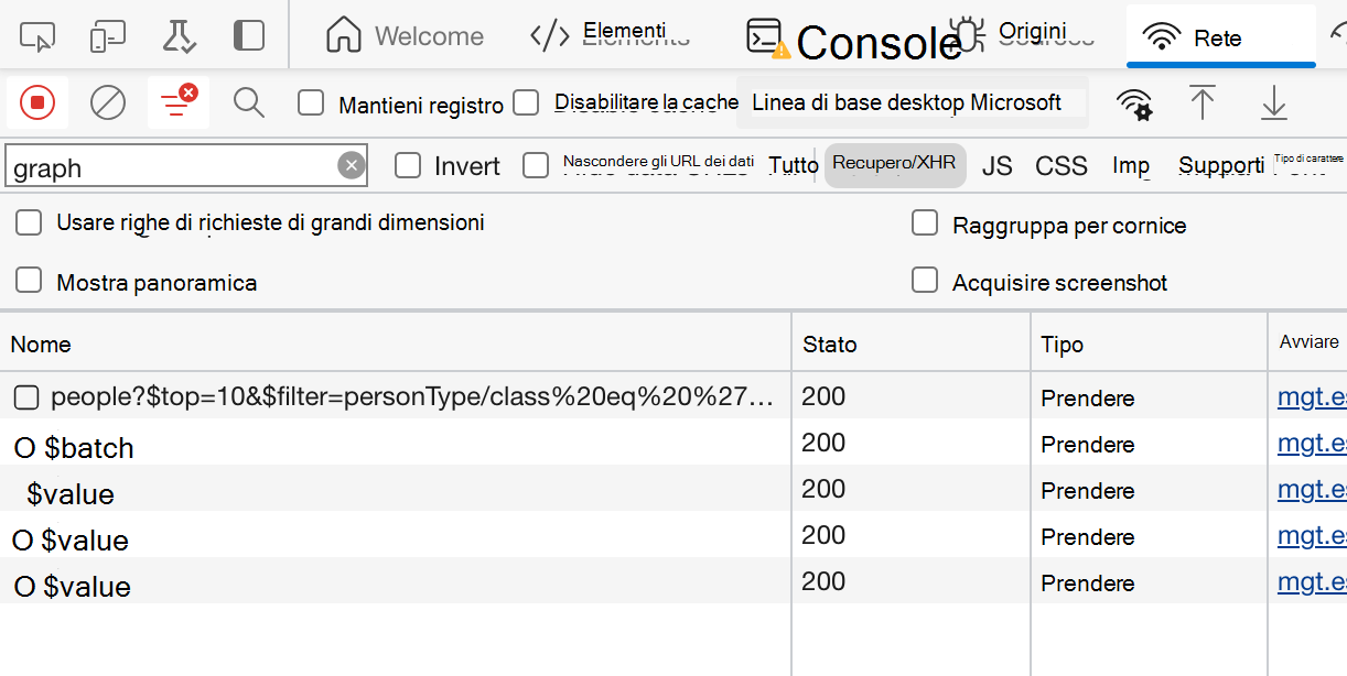 Screenshot della scheda Rete che mostra le richieste aperte negli strumenti di sviluppo del browser.