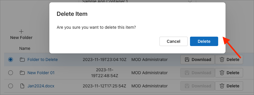 Screenshot che mostra la funzionalità di eliminazione per gli elementi in un contenitore.