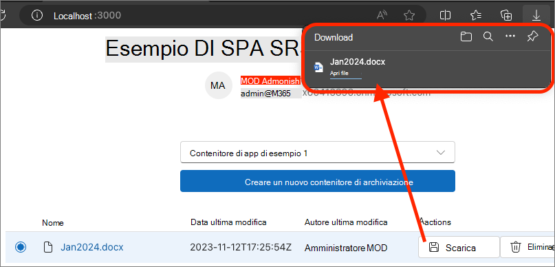 Screenshot del nuovo supporto per il download del file.