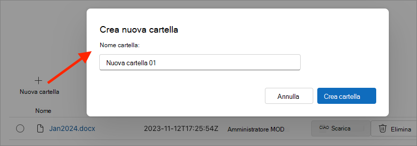 Screenshot della finestra di dialogo Crea nuova cartella.