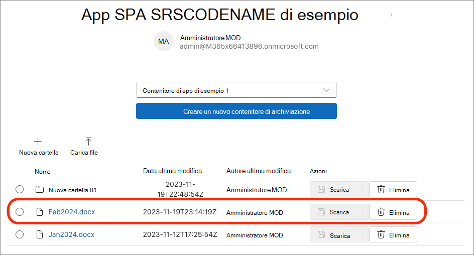 Screenshot del nuovo file visualizzato nel contenitore.