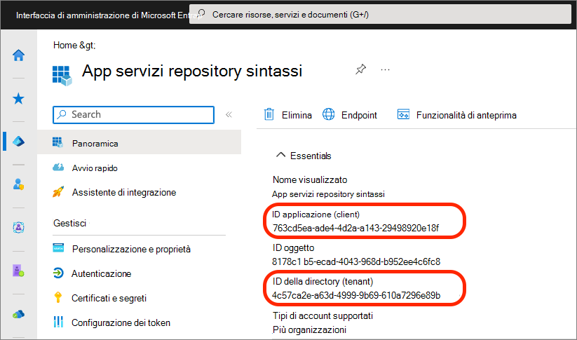 Screenshot dell'applicazione e degli ID tenant della registrazione della nuova app.