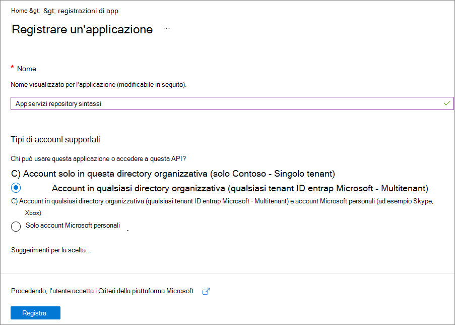 Screenshot della pagina Registra un'applicazione.