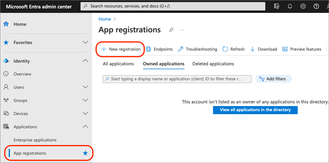 Screenshot dell'interfaccia di amministrazione Microsoft Entra ID per le registrazioni delle app