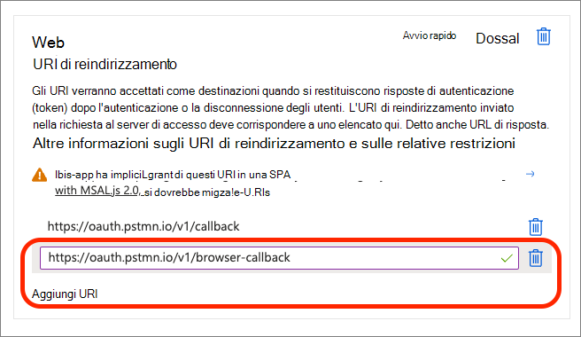 Screenshot che aggiunge un secondo URI di reindirizzamento alla piattaforma Web.