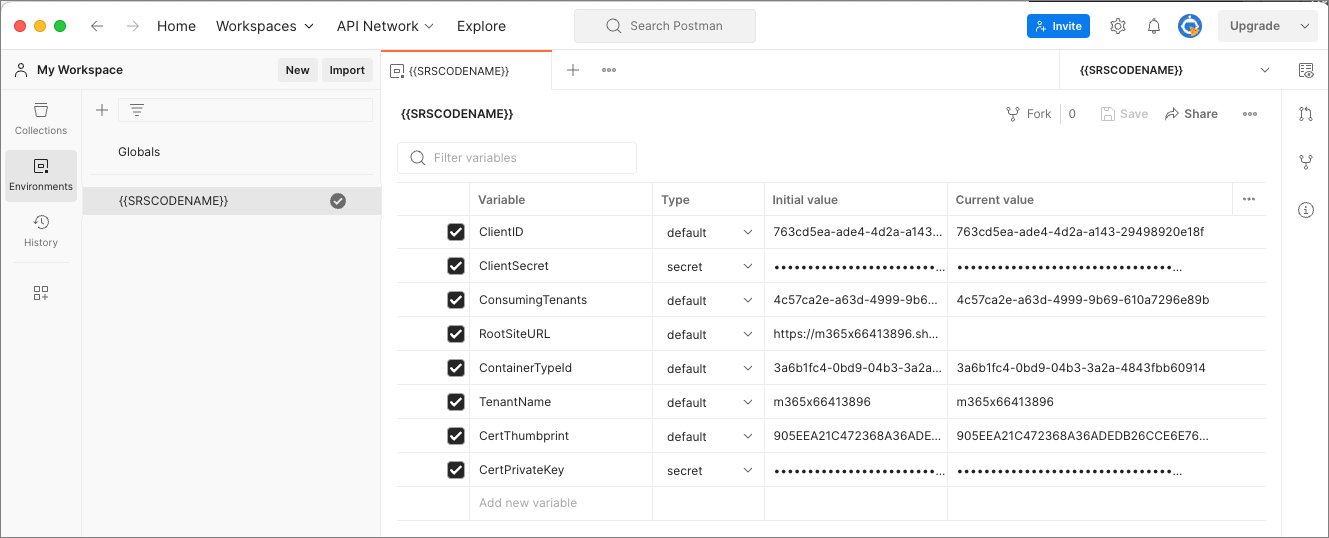 Screenshot dell'ambiente Postman popolato.