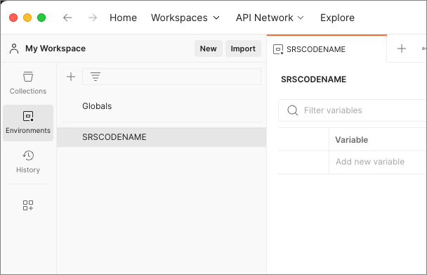 Screenshot del nuovo ambiente Postman.