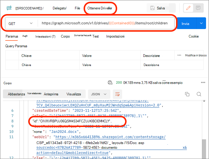 Screenshot che mostra i contenuti del contenitore usando l'endpoint DriveItems di Microsoft Graph.