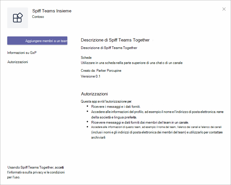 Screenshot dell'installazione dell'app SPFx Teams Together.