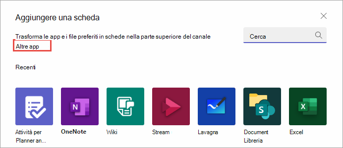 Screenshot della finestra di dialogo Aggiungi una scheda.