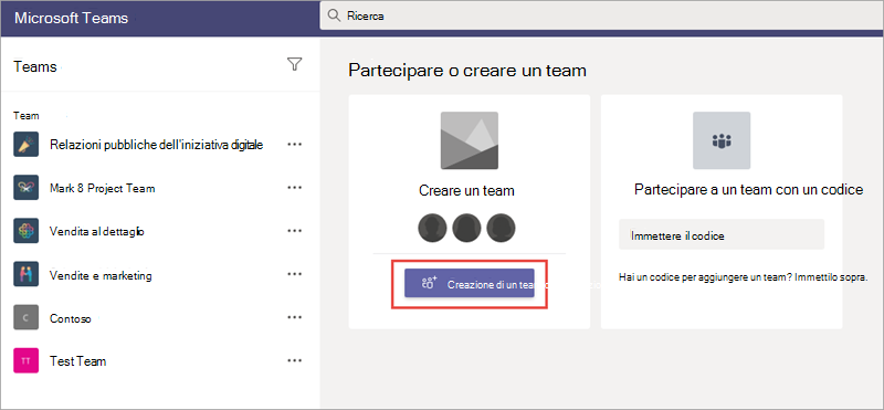 Screenshot del menu Crea e partecipa.