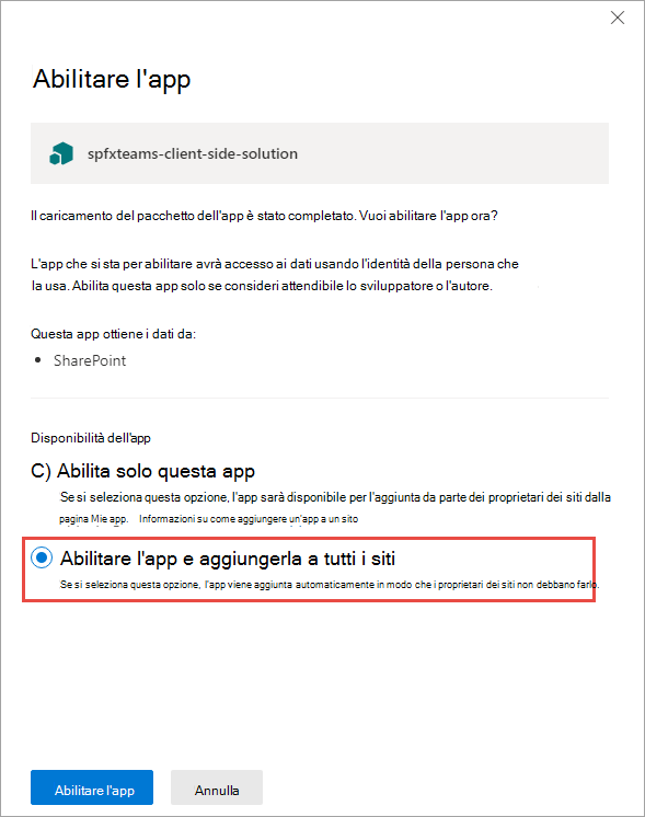 Screenshot del pannello Abilita app.