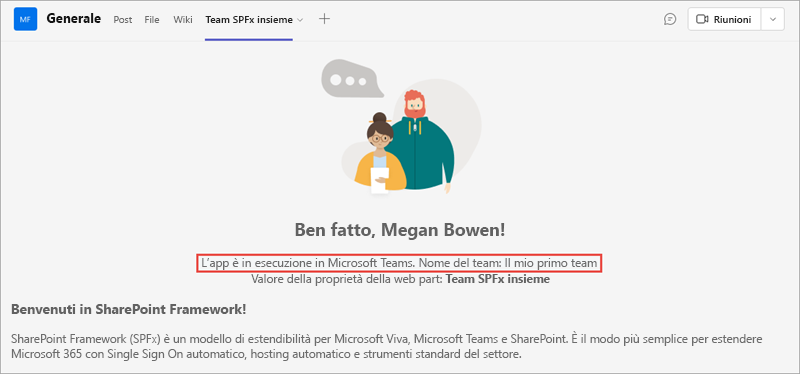 Screenshot della soluzione SPFx in Microsoft Teams.
