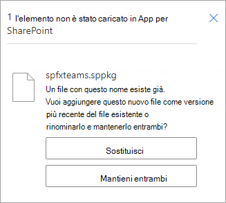 Screenshot del pacchetto di SharePoint trascinato nella raccolta App per SharePoint.