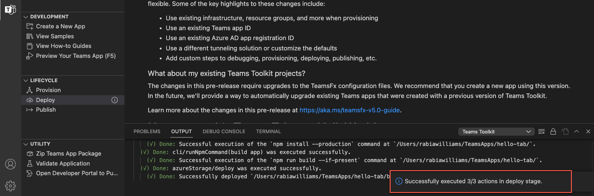 Screenshot che mostra l'esito positivo della distribuzione.