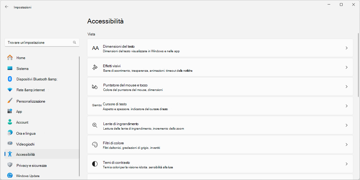 Screenshot delle impostazioni di accessibilità Windows 11.