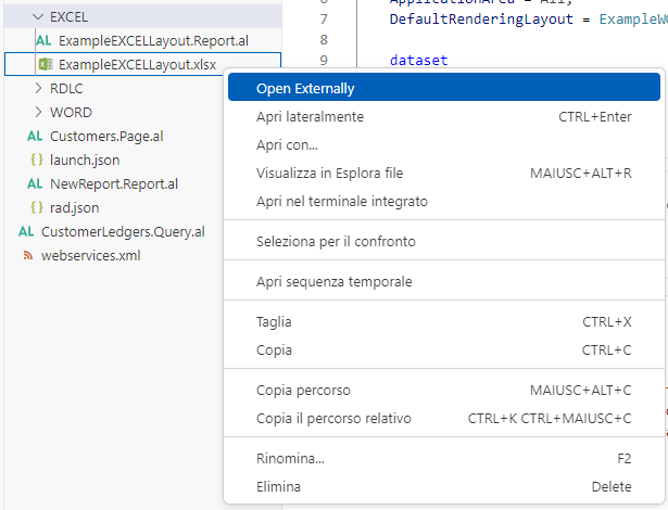 Screenshot che mostra il clic con il pulsante destro del mouse sul file ExampleEXCELLayout.xlsx per visualizzare le opzioni con Apri esternamente selezionato.