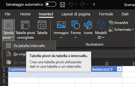Screenshot di Excel che mostra il pulsante Tabella pivot espanso per visualizzare l'opzione Da tabella/intervallo.
