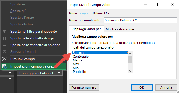 Screenshot delle impostazioni del campo Valore per Conteggio di BalanceLCY con l'opzione 