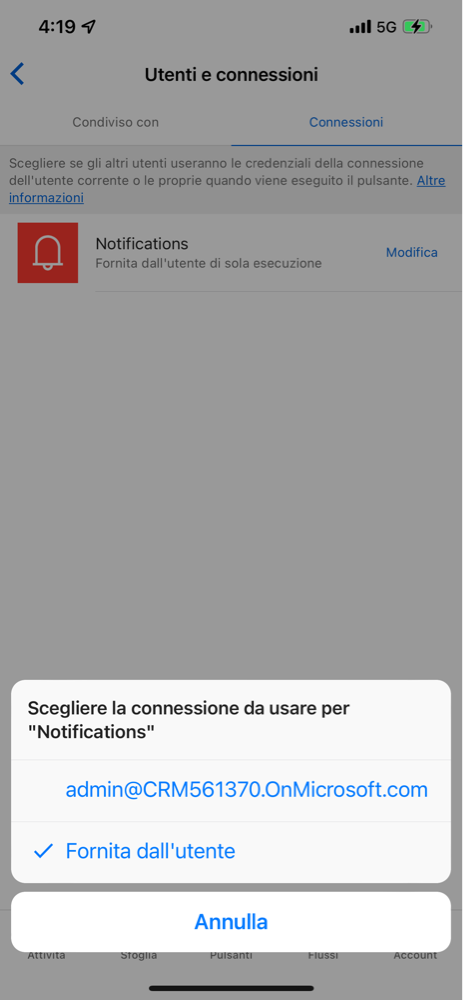 Screenshot di Utenti e connessioni con il messaggio Scegliere la connessione da usare per