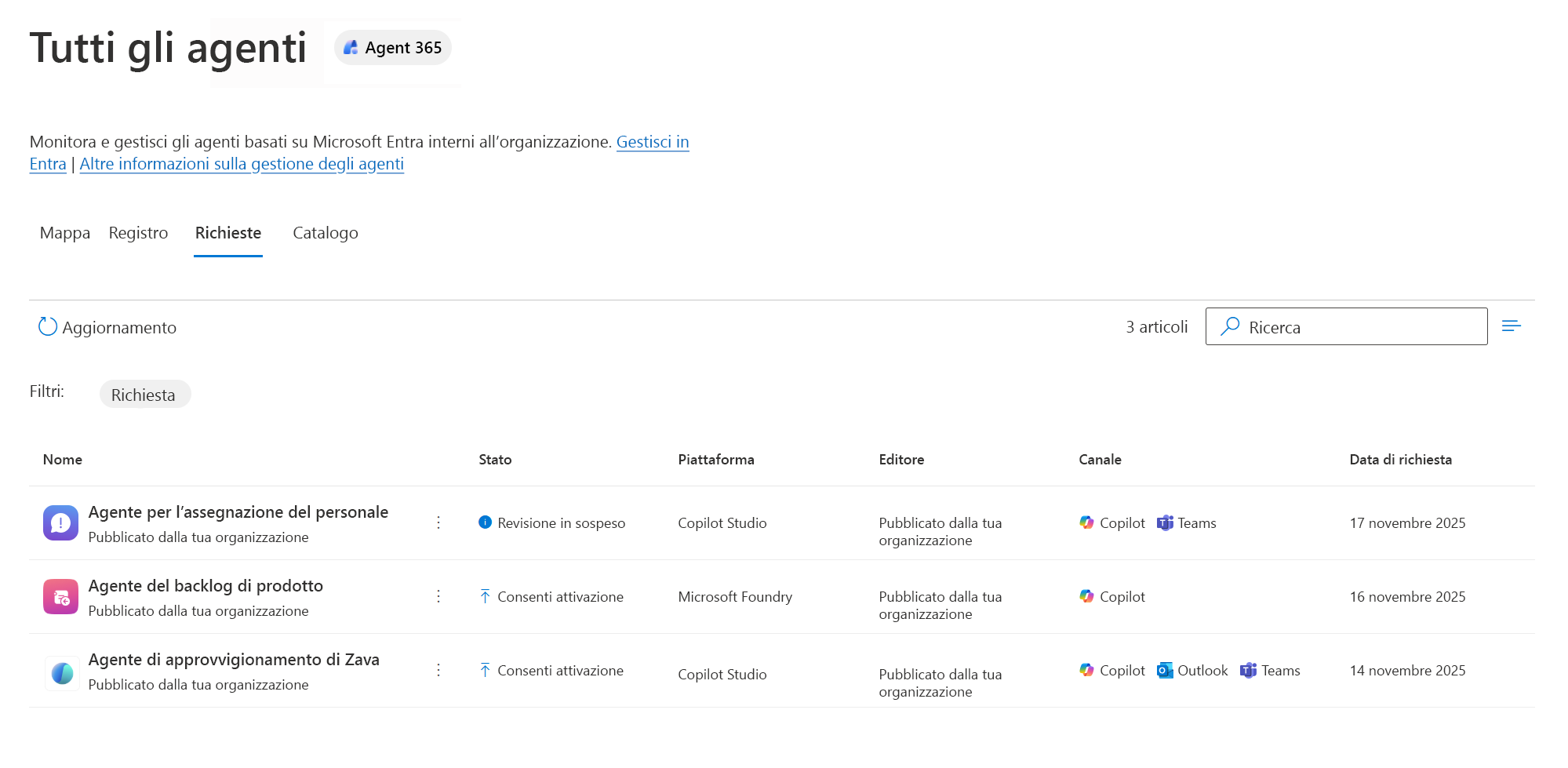 Screenshot of the Requests tab in the Agent Registry showing pending agent requests.