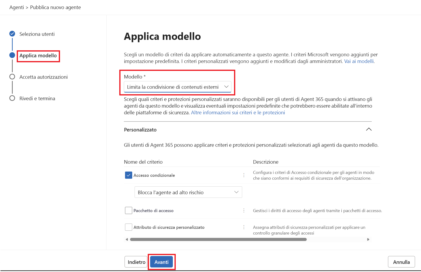 Screenshot of Restrict External Content Sharing policy template at the time of publishing the agent.